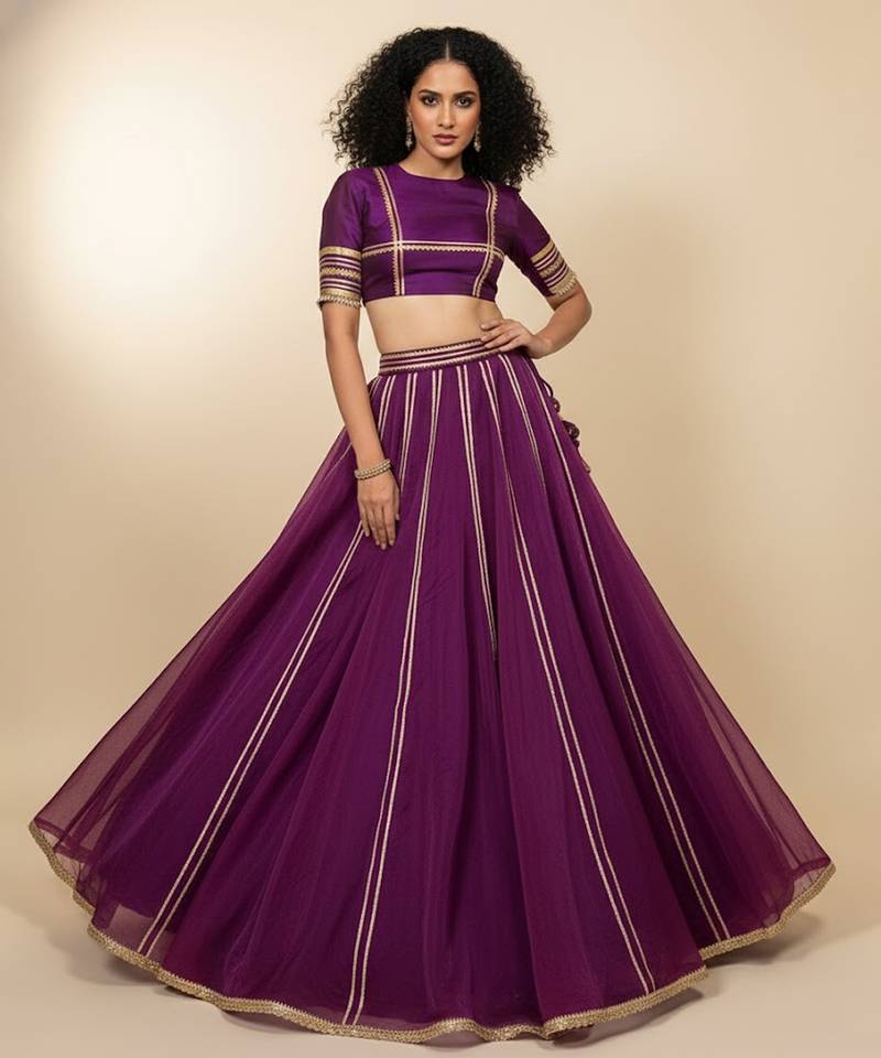 purple embroidered organza lehenga set