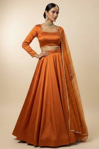 orange embroidered organza lehenga set