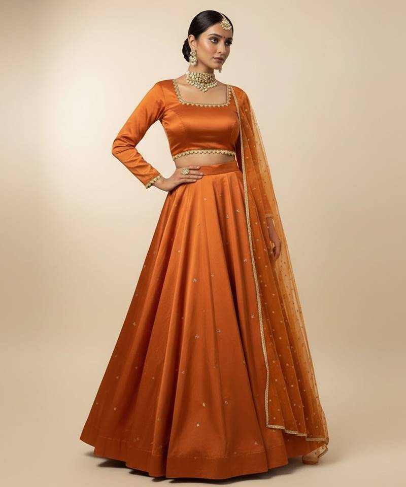 orange embroidered organza lehenga set