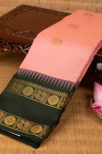 Salmon pink and bottel green semi silk saree