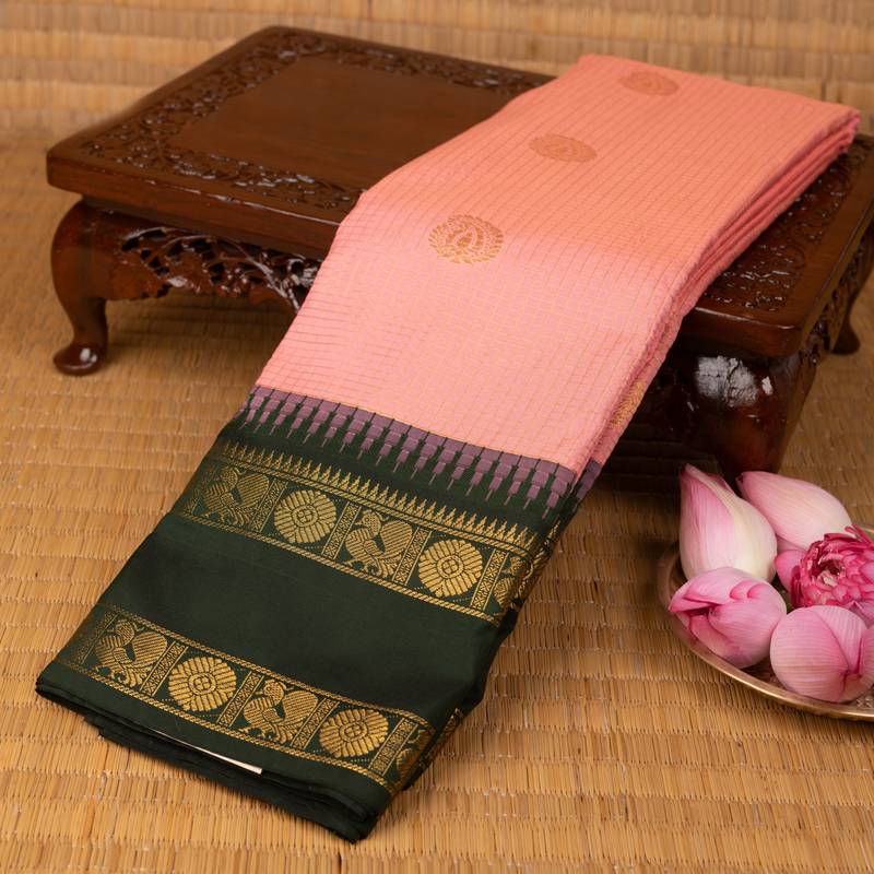 Salmon pink and bottel green semi silk saree