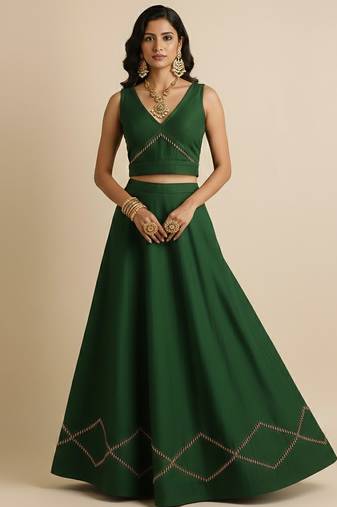 green embroidered silk lehenga set