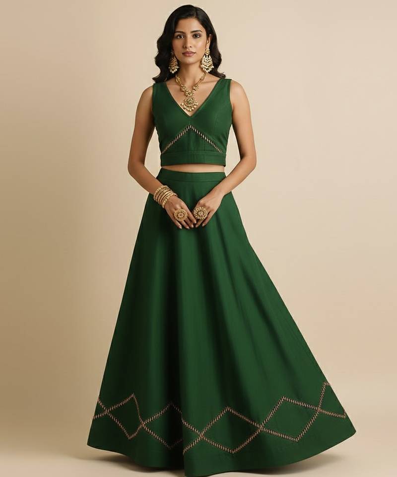 green embroidered silk lehenga set