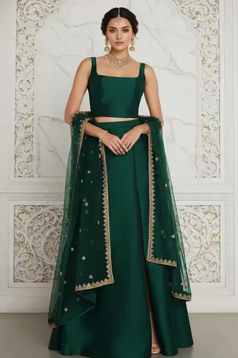 green embroidered silk lehenga set