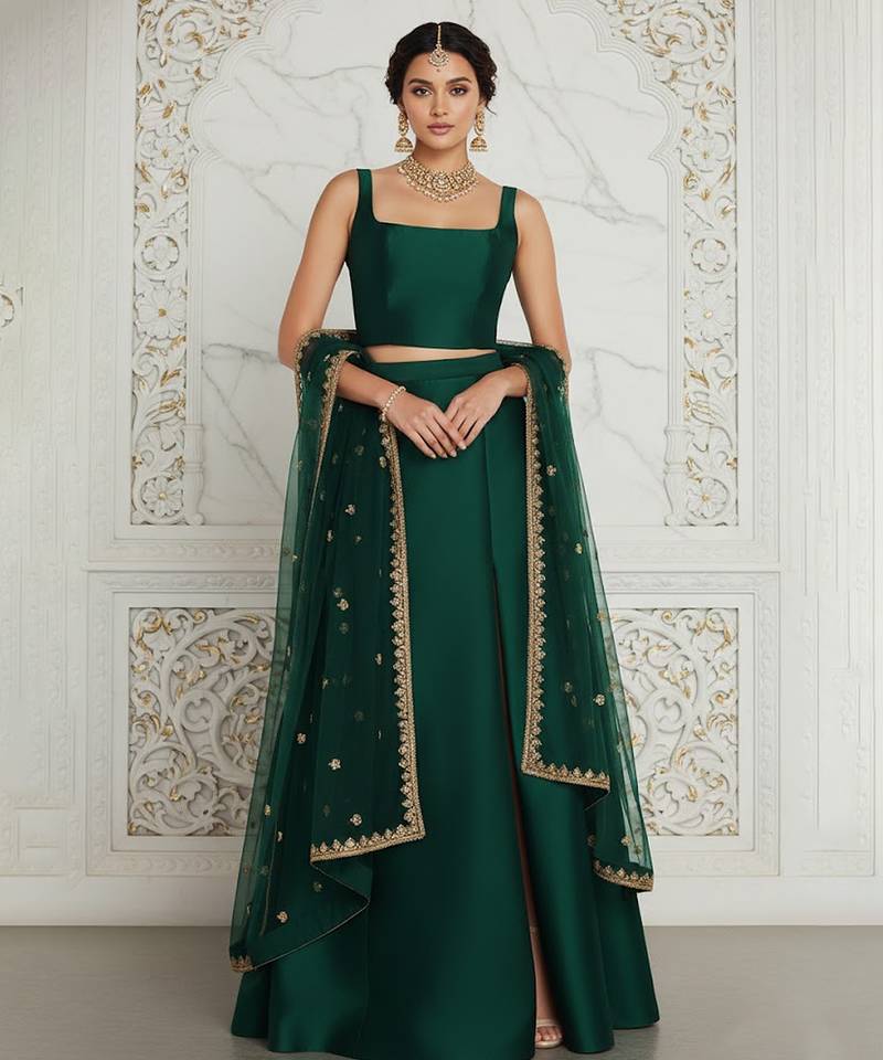 green embroidered silk lehenga set