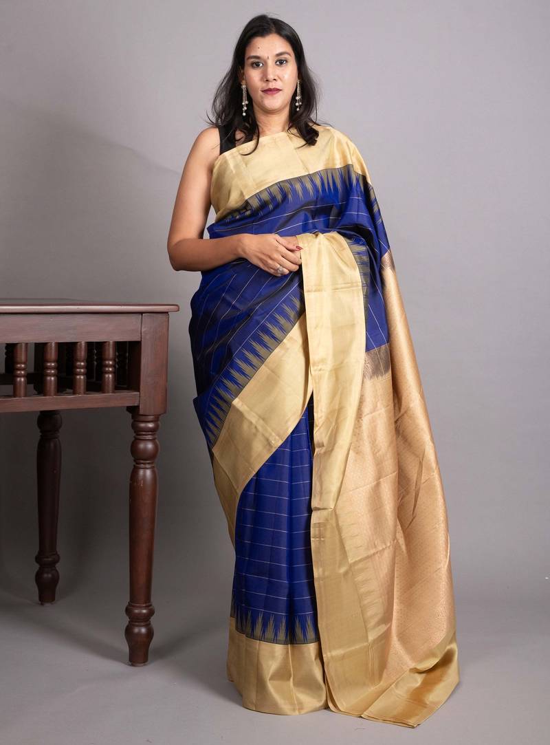 Royal blue and beige pure kanjivaram silk saree