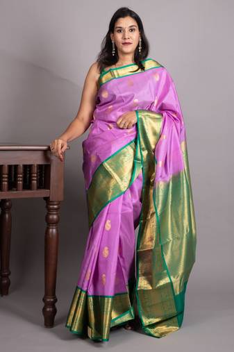 Orchid purple and teal blue pure kanjivaram silk saree