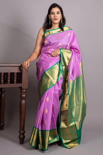 Orchid purple and teal blue pure kanjivaram silk saree