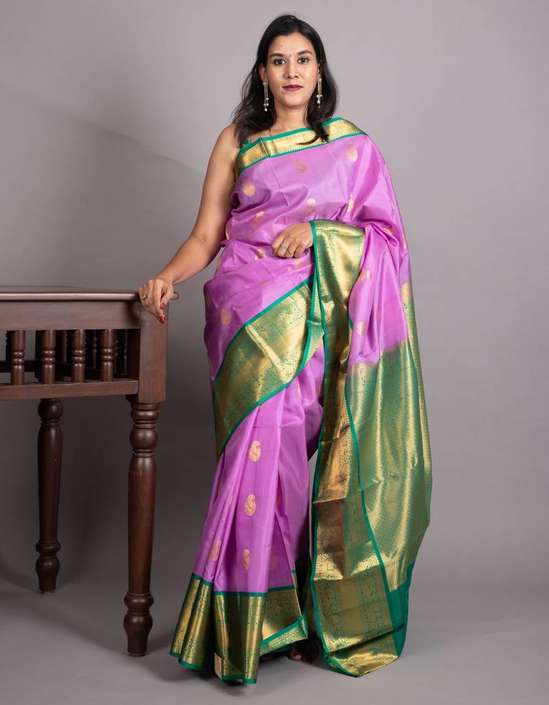Orchid purple and teal blue pure kanjivaram silk saree