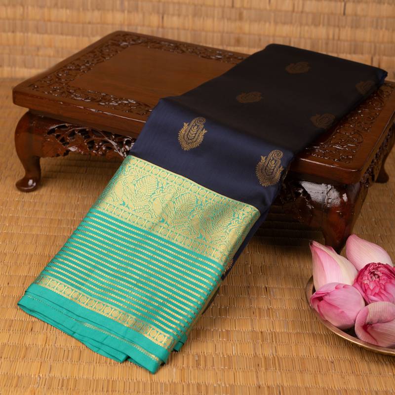 Navy blue and teal blue pure touch silk saree