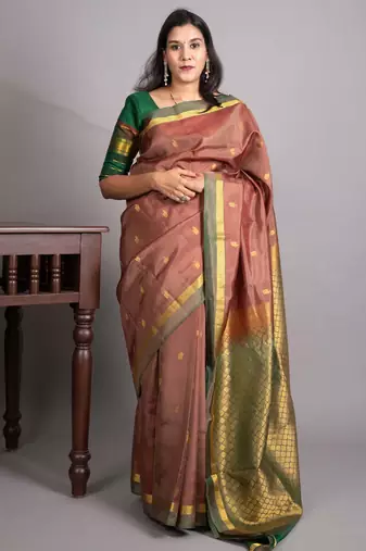 Biscuit cream and dual tone green pure kanjivaram silk saree