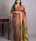 Biscuit cream and dual tone green pure kanjivaram silk saree