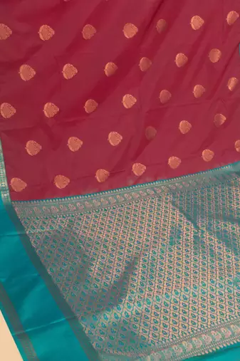 Maroon and teal green soft silk saree with blouse