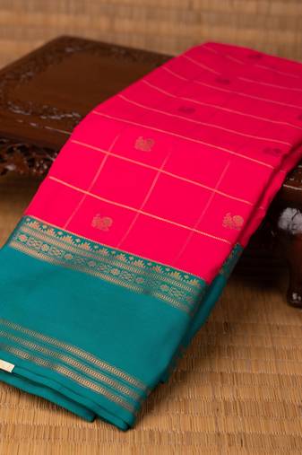 Hot pink and teal green soft silk saree