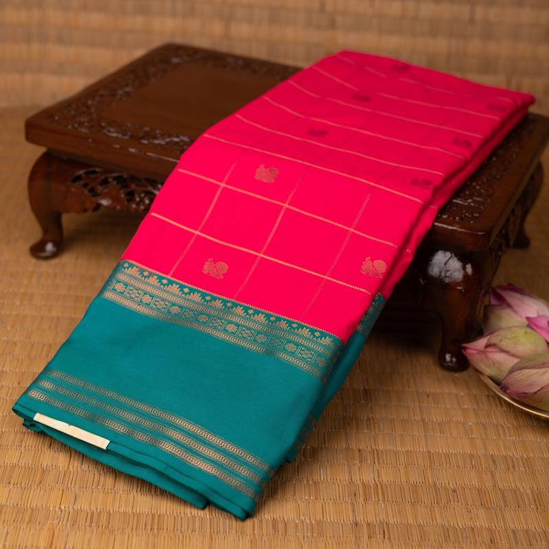 Hot pink and teal green soft silk saree