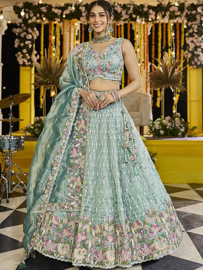 Lime Green Sequin Lehenga Set