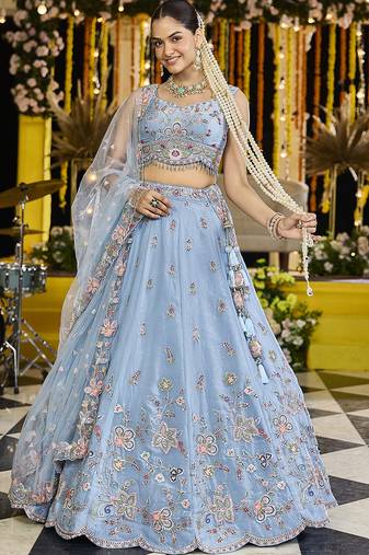 Sky Blue Net embroidered Lehenga Choli with dupatta