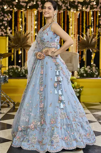 Sky Blue Net embroidered Lehenga Choli with dupatta