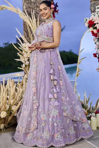 Lilac Net embroidered Lehenga Choli with dupatta