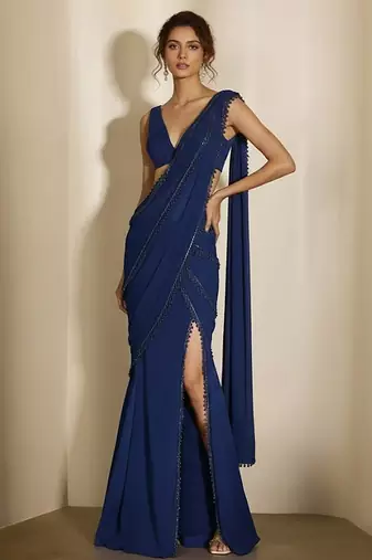 Blue embroidered crepe saree