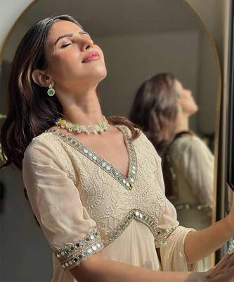 Cream mirror-work georgette Gown. 4