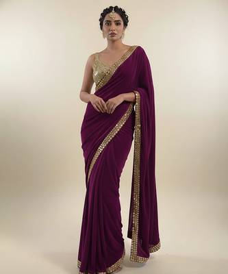 Purple embroidered velvet saree 1