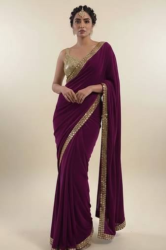 Purple embroidered velvet saree