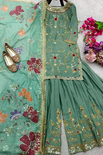 Sage green floral sharara ensemble
