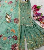 Sage green floral sharara ensemble