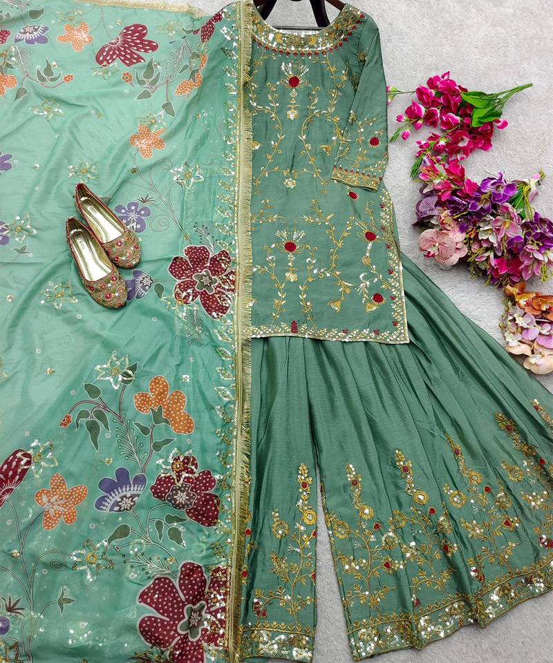 Sage green floral sharara ensemble