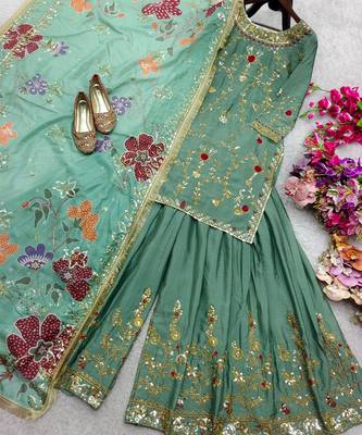 Sage green floral sharara ensemble 2
