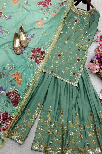Sage green floral sharara ensemble