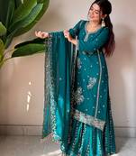 Teal georgette rose-embroidered kurta set