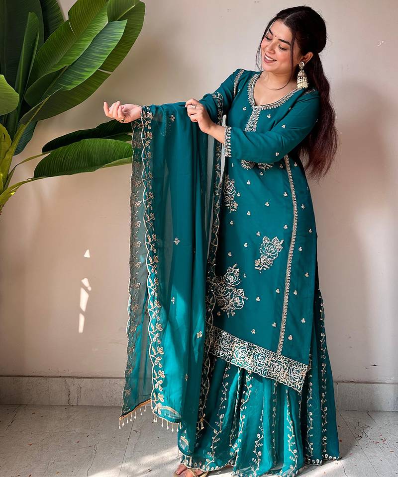 Teal georgette rose-embroidered kurta set