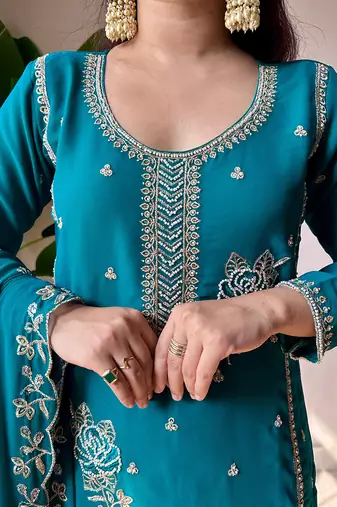 Teal georgette rose-embroidered kurta set