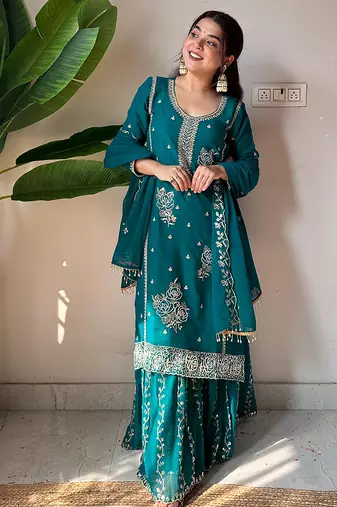Teal georgette rose-embroidered kurta set