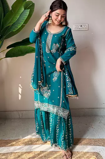 Teal georgette rose-embroidered kurta set