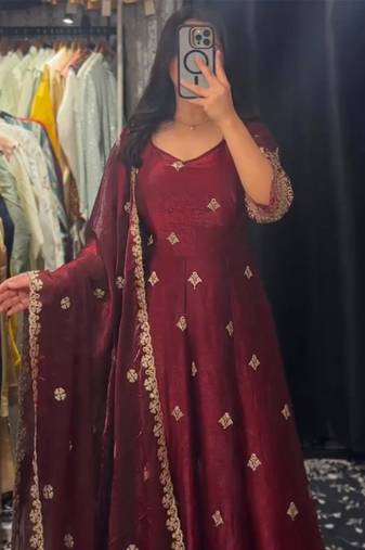 Maroon silk blend anarkali set