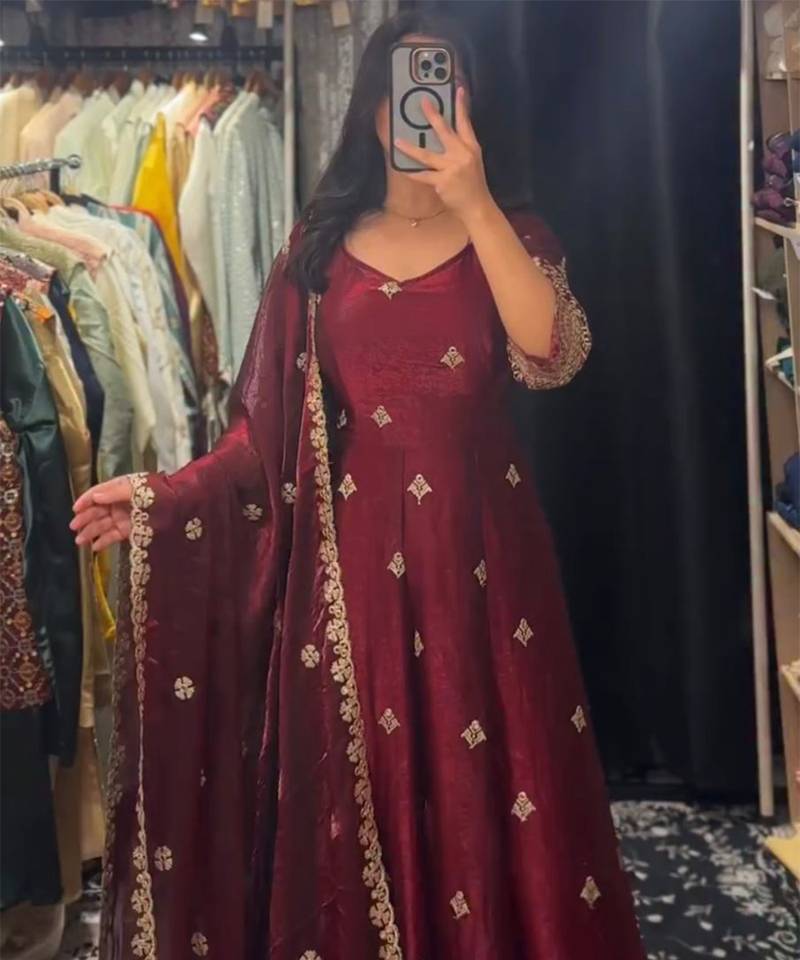 Maroon silk blend anarkali set