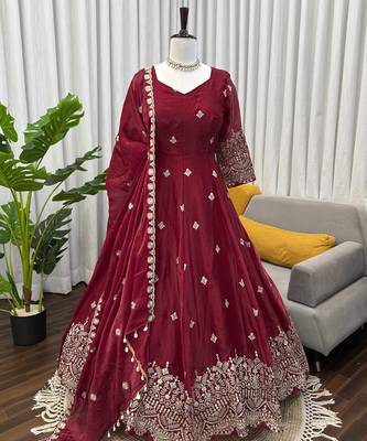 Maroon silk blend anarkali set 1