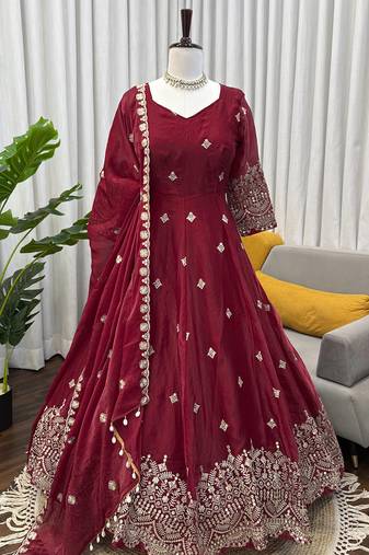 Maroon silk blend anarkali set