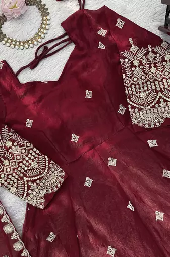 Maroon silk blend anarkali set