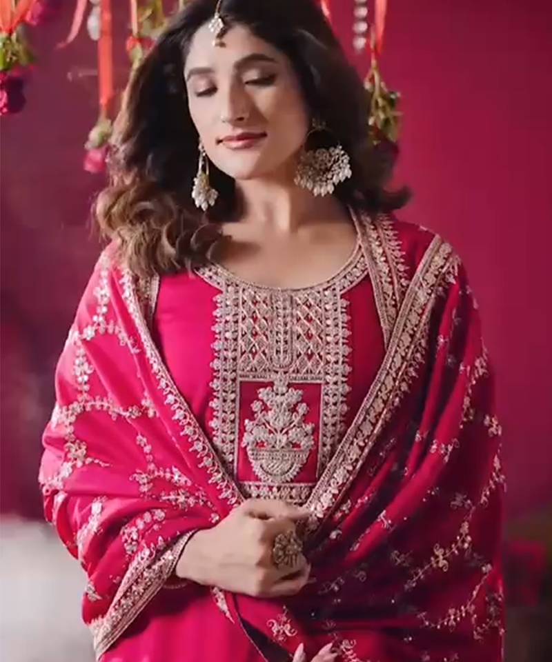 Chinon pink zari-work salwar suit