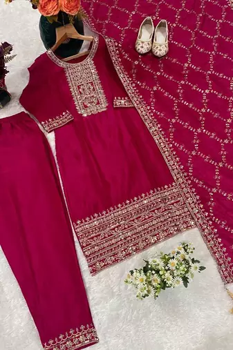 Chinon pink zari-work salwar suit