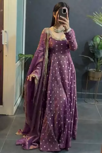 Dual-tone purple metallic silk blend anarkali set