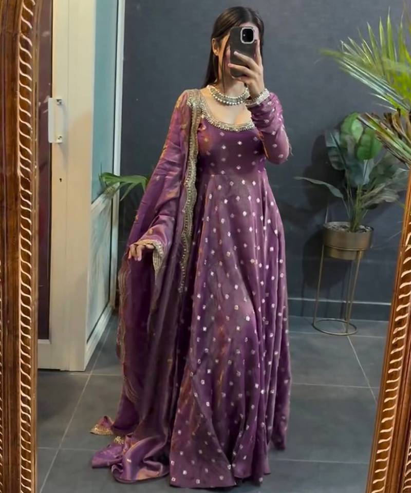 Dual-tone purple metallic silk blend anarkali set