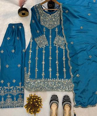Chinon silk blue sequined kurta set 1
