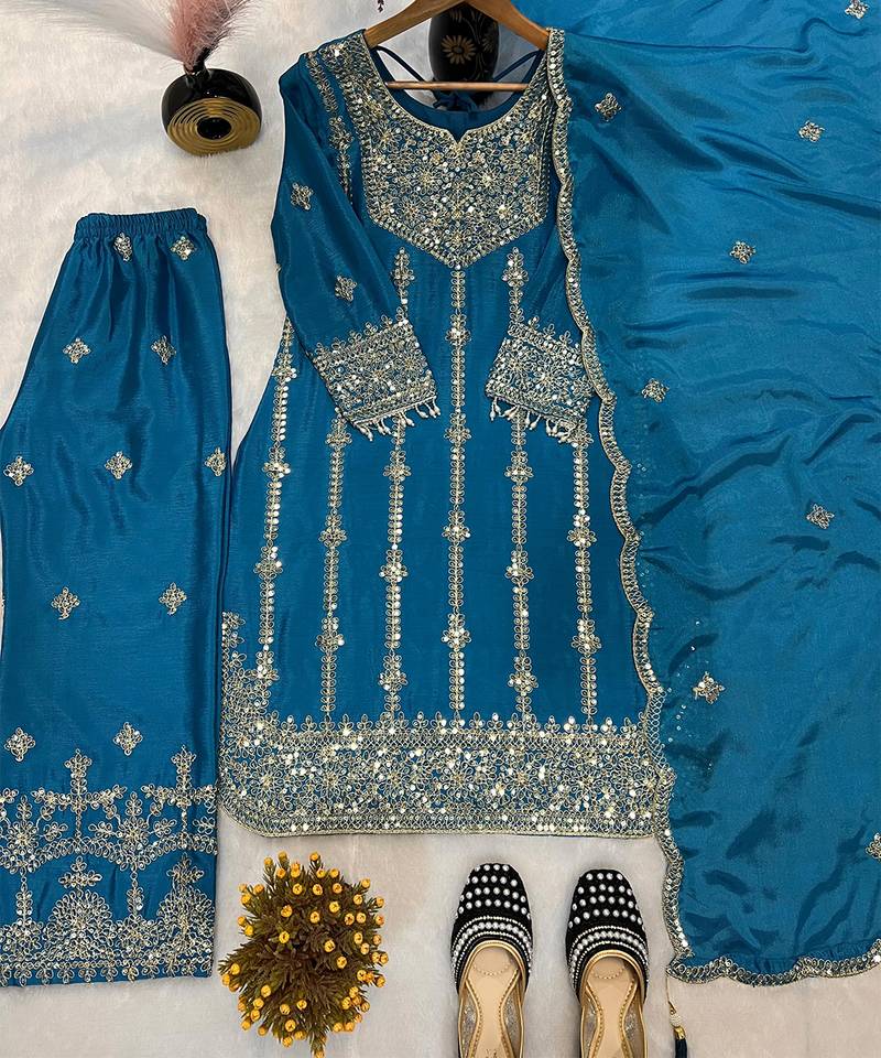 Chinon silk blue sequined kurta set