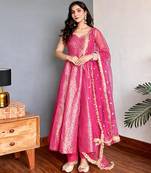 Fuchsia pink banarasi gown set
