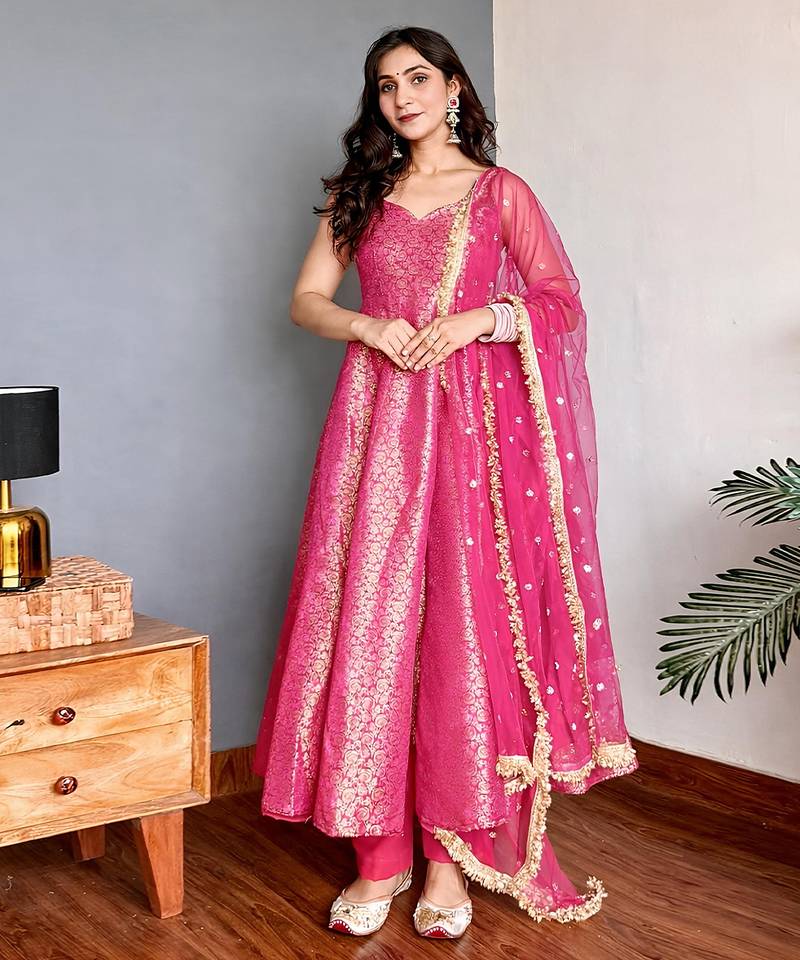 Fuchsia pink banarasi gown set